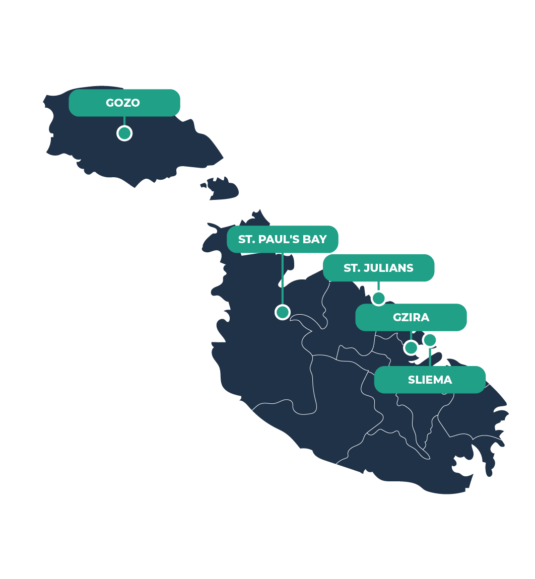 Mapa azul con las ubicaciones de las ciudades de Malta